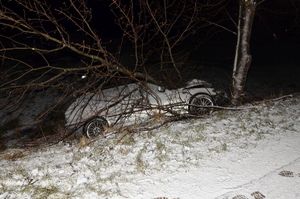 Rozbity samochód stojący przy drzewie