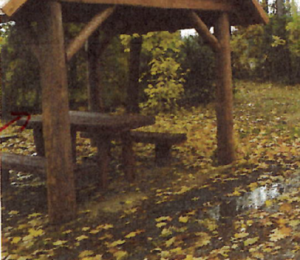 W drewnianej wiacie w lesie stojący stół i lawa. Wokół drzewa i opadnięte liście.