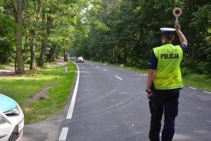 Policjant stoi na ulcy i zatrzymuje lizakiem auto