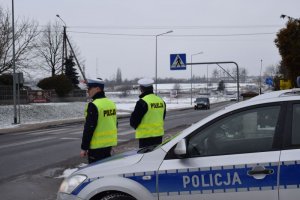 Policjanci stoją przy kawędzi jezdni, pzed nimi wida część radiowozu