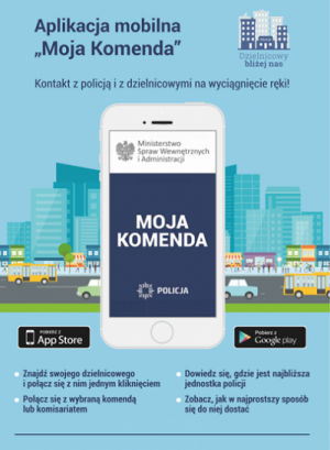 Grafika- dotycząca aplikacji moja komenda- na niebieeskim tlee telefon z napisem MOJA KOMENDA