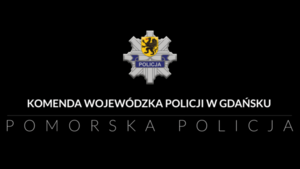 Grafika Na granatowym tle napis Komenda Wojewódzka Policji w Gdańsku oraz logo pomorskiej policji