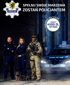 plakat promujący pracę w policji na plakacie 3 umundurowanych policjantów w tle radiowóz policyjny