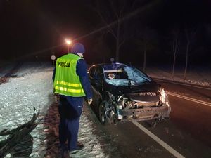 umundurowany policjant  w kamizelce odblaskowej stojący przy rozbitym samochodzie na poboczu drogi