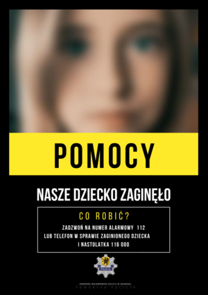 Plakat z twarzą dziecka z napisem pomocy