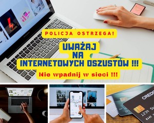 Plakat przedstawiający laptopa, na pierwszym planie czerwone napisy na żółtym tle ostrzegające przed oszustami