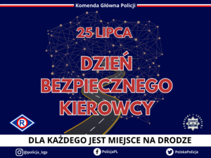 Niebieski plakat z czerwonymi  napisami. Na górze plakatu czerwono- biała linia przerwana na środku  z napisem Komenda Główna Policji