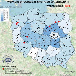 Mapa Polski z zaznaczonymi miejscami, gdzie doszło do wypadków ze skutkiem śmiertelnym.