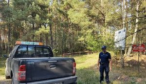 W lesie policjant stojący obok samochodu straży leśnej.