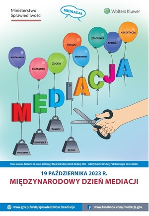 Jasny plakat z balonami podtrzymującymi napis mediacja