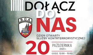 Plakat promujący pracę w służbach. Na plakacie widocznych 4 funkcjonariuszy służby kontrterrorystycznej z bronią.