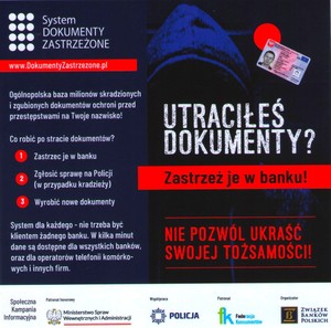 Plakat kampanii społecznej ,,utraciłeś dokument, zastrzeż go w banku&quot;