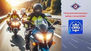 Grafika przedstawiająca plakat, na którym z lewej strony jadą motocykle drogą dwupasmową po lewej logo policji i symbol ruchu drogowego między nimi czerwony napis.