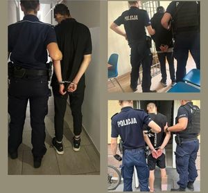 3 zdjęcia przedstawiające prowadzenie 3 zatrzymanych przez policjantów