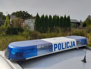 Na tle ogródków działkowych napis policja na dachu radiowozu