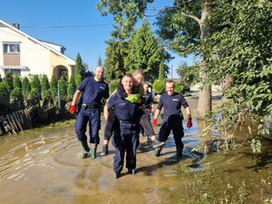 Czterech policjantów idących po zalanej miejscowości jeden z nich niesie na plecach kobiete