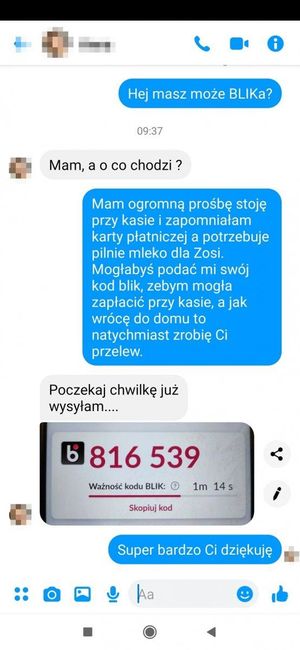 Screen przedstawiający zrzut z telefonu z oszustwem na blk