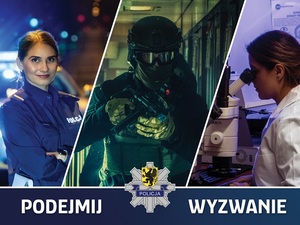 Grafika przedstawiająca trzech policjantów na różnych stanowiskach