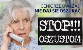 Grafika predstawijaąca strszą kobietę z telefomen przy uchu. Obok napis nie daj się oszukać STOP OSZUSTOM.