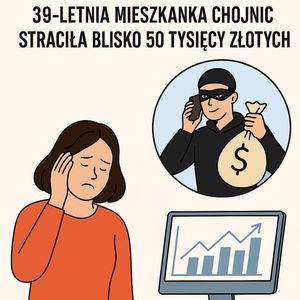 wygenerowana grafikana jasnym tle, u góry napis na dolw kobieta obok oszust w ,,bańce&quot;