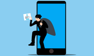 Gdarfika animacyjna przedstawiająca żłodzieja z workiem na lte smartfona