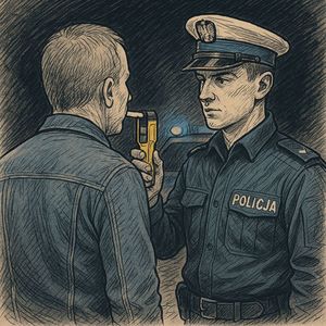 Grafika rysunkowa przedstawiająca policjanta przeprowadzającego badanie trzeźwości