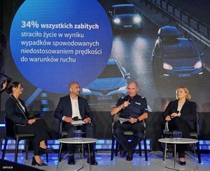 Na zdjęciu widoczny jest ekran laptopa, na którym wyświetlona jest prezentacja. Grafika przedstawia cztery osoby siedzące na scenie w trakcie panelu dyskusyjnego – dwie kobiety i dwóch mężczyzn, z czego jeden ubrany jest w policyjny mundur. Prowadzą rozmowę, a za nimi znajduje się duży ekran multimedialny.

Na ekranie w tle widoczna jest ulica z jadącymi samochodami w deszczowej scenerii. Po lewej stronie umieszczono niebieskie koło z napisem:
„34% wszystkich zabitych straciło życie w wyniku wypadków spowodowanych niedostosowaniem prędkości do warunków ruchu”.