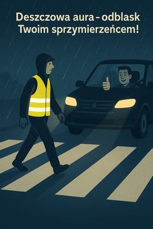 grafika wygenerowana przez sztuczną inteligęcje. pzredstawiająca pieszego w kamizelce odblaskowej orzechodzącego przez jezdnię