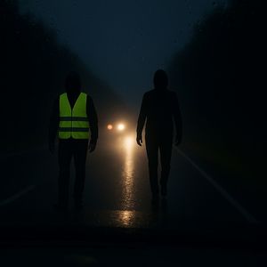 zdjecie wygenerowane prze AI przedstawiające postacie w kamizelce i bez kamizelki odblaskowej id ące w nocy po drodze