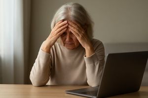 Starsza kobieta siedząca przy stole i trzymajająca się za głowe. obok niej na blaie stoi otwarty laptop