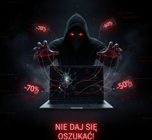 To grafika pokazująca cyberoszusta w kapturze z czerewonymi świecącymi się oczami , który ,,siega&quot; do laptopa z pęknietym ekranem. wokół wiszą fałszywe etykiety promocyjne . na dole widać hasło nie daj się oszukać