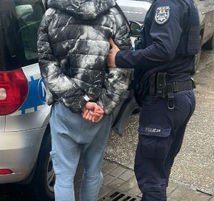 Policjant prowadzący zatrzymanego do radiowozu
