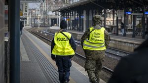 Policjantka oraz  funkcjonariusz WOT idący po peronie dworca kolejowego.