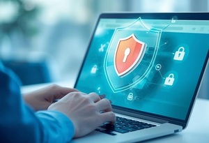 Grafika pokazuje osobę prracującą na laptopie, na którego ekranie widoczna jest tarcza z kłódką i ikony zabezpieczeń, symbolizujące cyberbezpieczeństwo