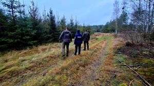 Policjantka oraz dwóch strażników leśnych stojących na skraju lasy przy młodniku