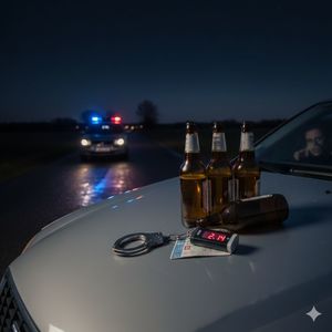 Grafika wygenerowana przez sztuczną ineligęcje, na masce pojazdu stoja butelki z piwem oraz leży policyjny alkomat. w lte widać policyjny radiowóz