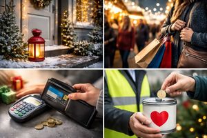 Grafika skłąda się z 4 częsci fotografi ułozinych w siatkę . w lewym górnym rogu widoczny jest fragmęt domu zimą, oświetlone wejscie, świąteczna lampka oraz zapalona latarenka stojąca przy drzwiach. w prawym górnym rogu przedstawiono osobę idącą w tłumie osób niosących torby zakupowe i trzymające torbę blisko ciała. w lewym dolnym rogu widoczna jest dłoń trymająca portfel przy tgerminalu mobilnym. W prawym dolnym rogu pokazano moment mrzucania monety do skarbionki przez osobę w kamizelce odblaskowej. całość nawiązuje do okresu świątecznego i codziennych sytuacji związanych z domem, zakupami oraz pieniędzmi.