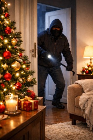 Grafika przedstawiająca mężczyznę z łomem wchodzącego do pomieszczenia w którym stoi choinka