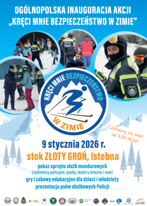 Plakat inaugurujący kampanię kręci mnie bezpiecestwo w zimie przedstawiający ludzi uprawiających sporty zimowe