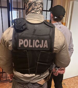 Nieumundurowany policjant w czarnej kamizelce z napisem policja stojący tylem z z atrzymanym mężczyzną przy kracie.