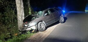 rozbity pojazd stojący przy drzewie w nocy